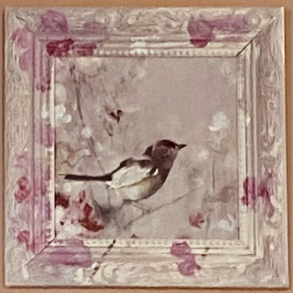 NWT Two 9x9” Delightful Framed Bird Wall Art Paints- Mauve Pinks & Bright White - Picture 9 of 16